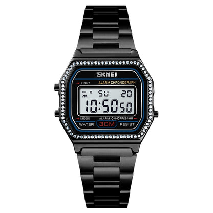 Skmei 1474 Black Crystal lady women stainless steel waterproof multifunction digital watch