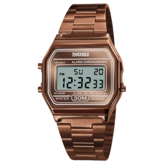 Skmei 1123 Brown Stainless steel Men women Digital waterproof wrist watch Alarm stop watch Calendar