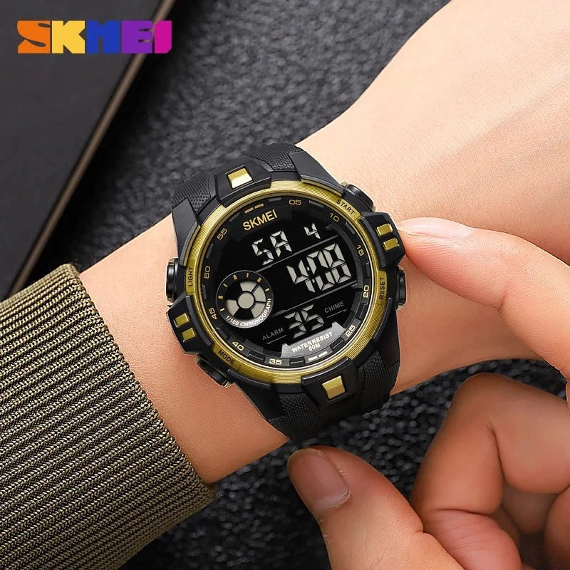 SKMEI 2123 Digital Stopwatch Sports Watches Men's Date Alarm Casual Waterproof Wristwatch Gold Black