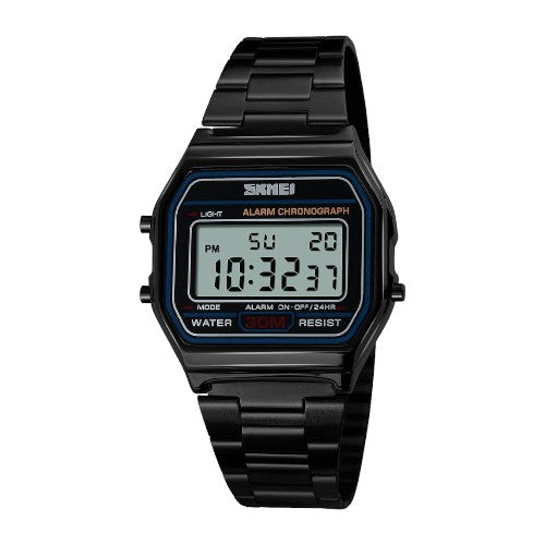 Skmei 1123 Black Stainless steel Men women Digital waterproof wrist watch Alarm stop watch Calendar
