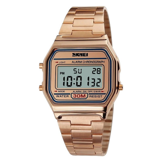 Skmei 1123 Rose Gold Stainless steel Men women Digital waterproof wrist watch Alarm stop watch Calendar