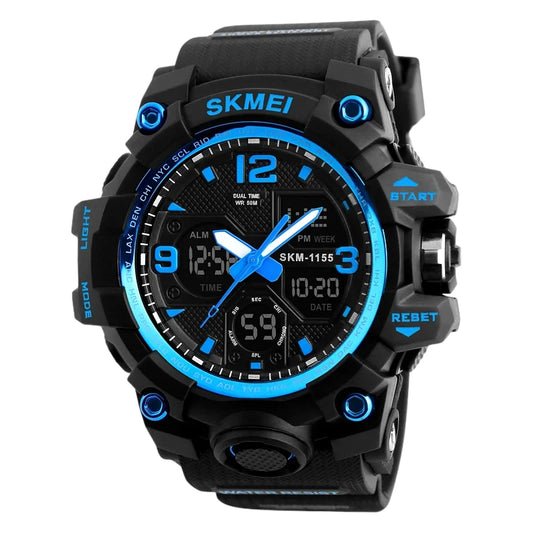 ساعة skmei مزدوجة الوقت 1155 ساعة رقمية تناظرية SKMEI 1155 ساعات زرقاء ساعة رياضية خارجية للرجال ساعات متعددة الوظائف ساعة يد رقمية عسكرية