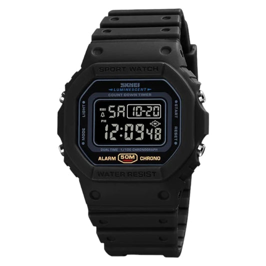SKMEI 1628 Black Luxury Retro Military Sports Watches for Men Multifunctional Countdown Digital Clock Waterproof Wristwatches- Black
