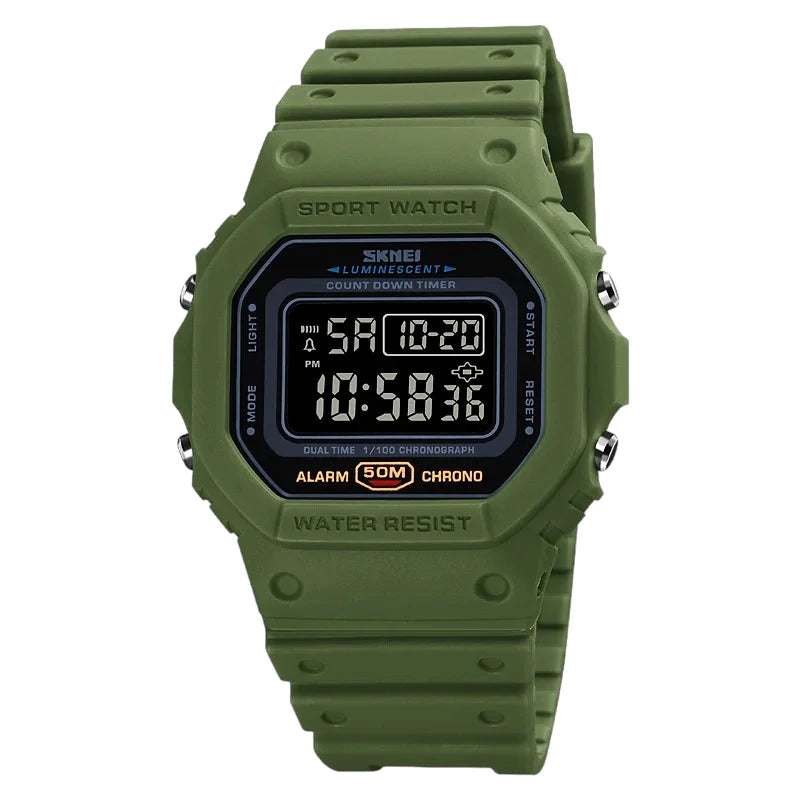 SKMEI 1628 Green Luxury Retro Sports Watches for Men Multifunctional Countdown Digital Clock Waterproof Wristwatches