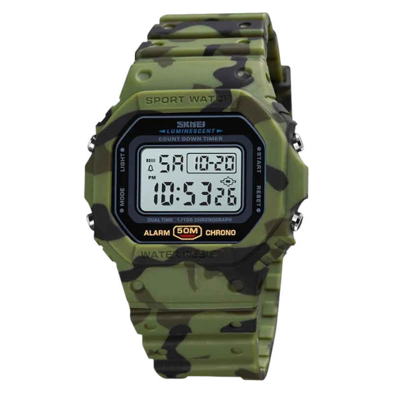 SKMEI 1628 millitary geen Luxury Retro Military Sports Watches for Men Multifunctional Countdown Digital Clock Waterproof Wristwatches- Green