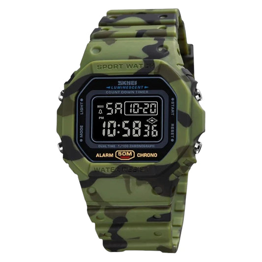 SKMEI 1628 millitary green Luxury Retro Military Sports Watches for Men Multifunctional Countdown Digital Clock Waterproof Wristwatches- Green