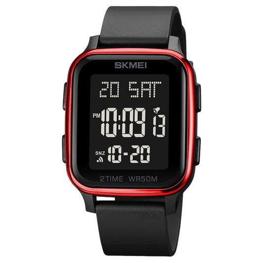 SKMEI 1858 unisex digital sports digital watch with a dark dial, red frame and black bracelet, Original SKMEI watches
