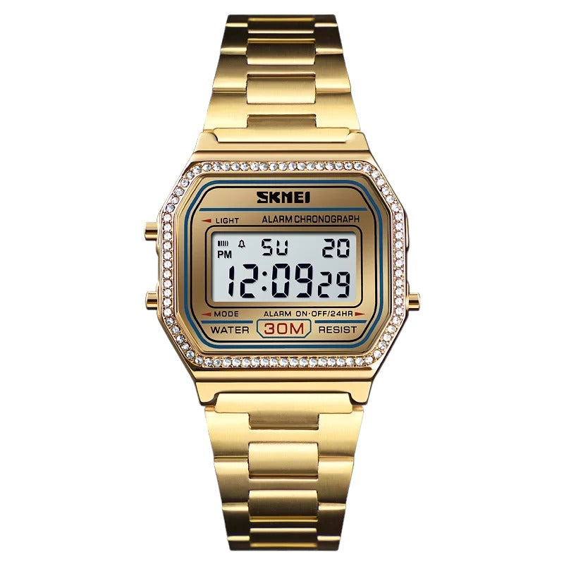 ساعة SKMEI 1474 للسيدات الفاخرة والساعات الفولاذية الرقمية المقاومة للماء - ذهبي مرصع بالكريستال