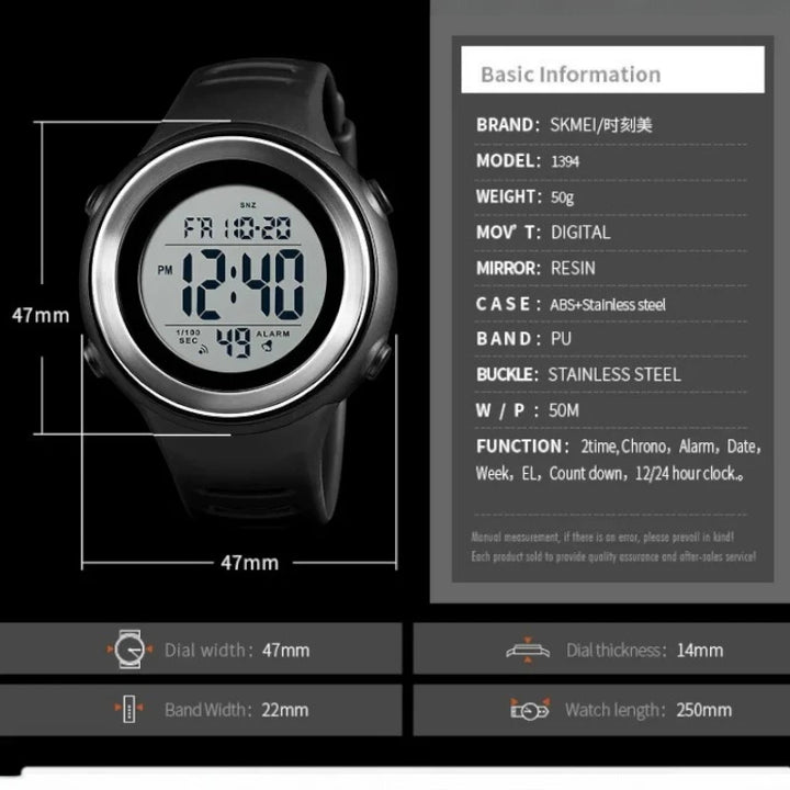 SKMEI 1394 Blue Watch display showing alarm and chronograph