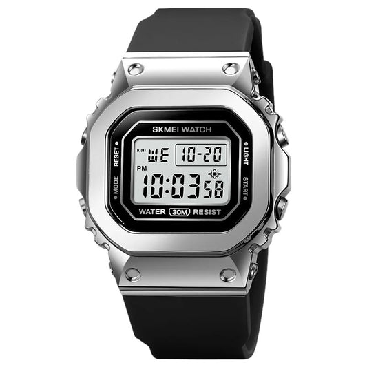 SKMEI 1796 Men Women Waterproof Digital Sport Watch LED Light Display Watch Alarm Chrono Day Calendar Multifunction Silver color