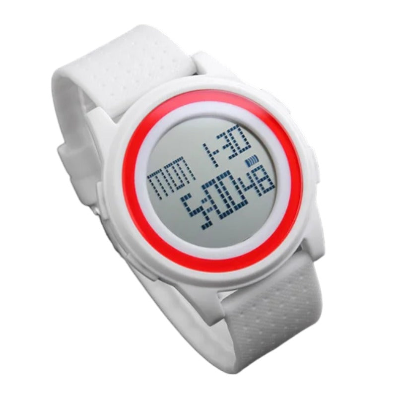 SKMEI 1206 Flat Thin Dial Digital Watch for Girls Multifunctional Time and Date Display White with Red