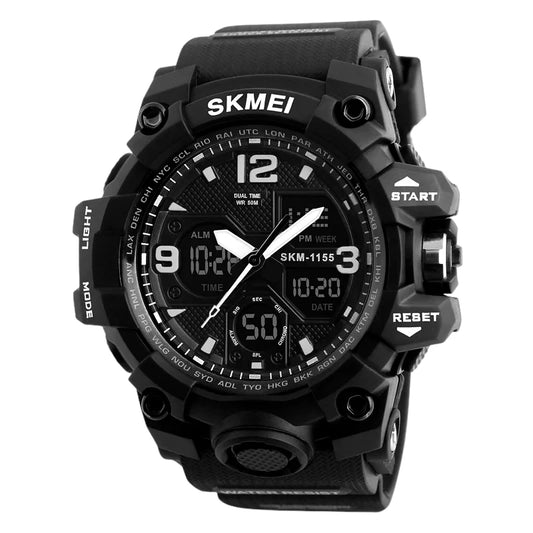 ساعة رياضية SKMEI 1155 سوداء متعددة الوظائف تناظرية ورقمية، ساعة منبه وساعة إيقاف، تقويم كامل، عرض اليوم والتاريخ