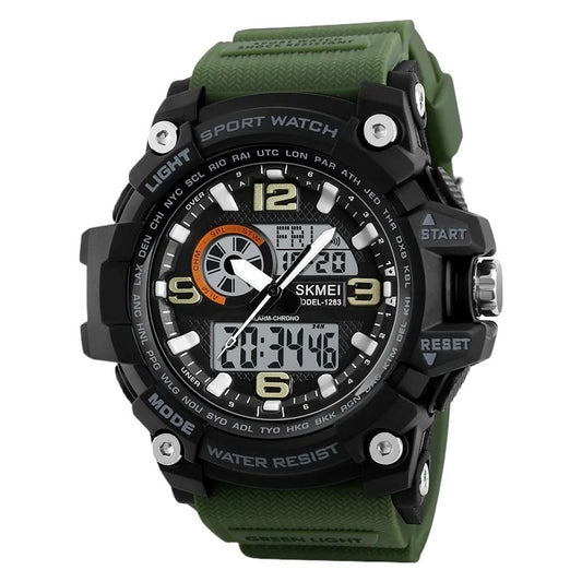SKMEI 1283 Multi-function analog-digital sports watch alarm and stop watch, full calendar, day and date display Black green