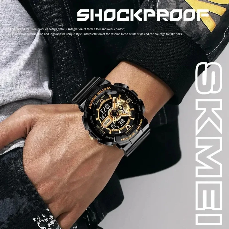 SKMEI 1688 Gold Black Digital Electronic Analog Fashion Sport Wristwatches Waterproof Men