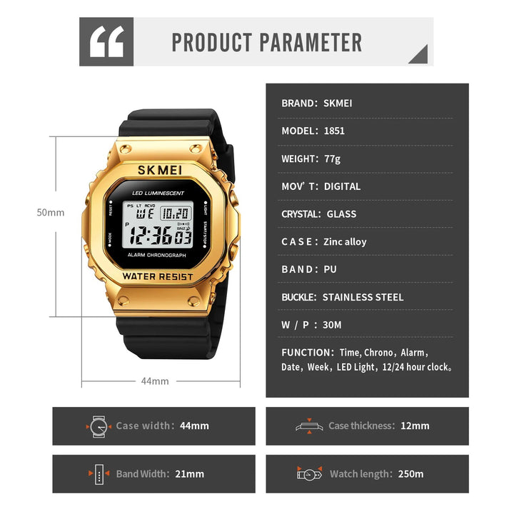 SKMEI 1851 Large Dial Men's Luxury Steel Dial Watch Gold Black Bracelet SKMEI Water and Shock Resistant SKMEI