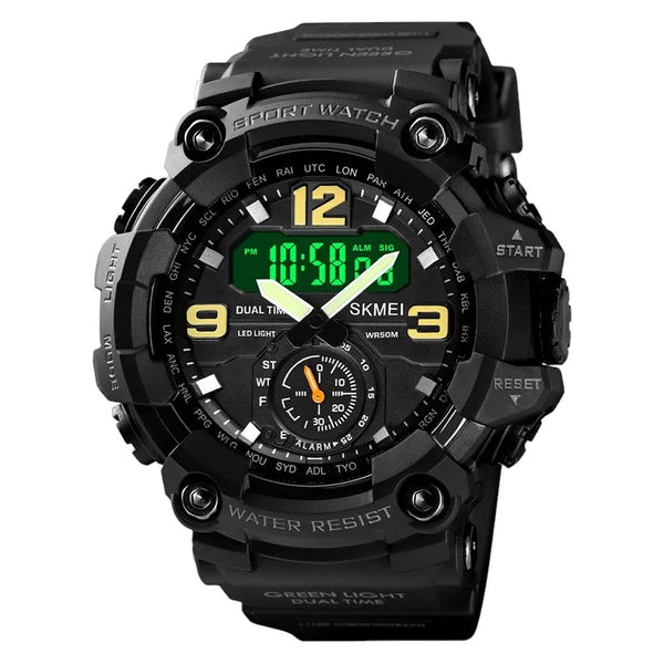 A black SKMEI digital analog double display men's water-resistant silicone wristwatch with a black band and a digital screen showing time and date.