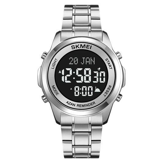 Skmei 2097 Silver islamic watch Prayer Times Azan Reminder Qibla Direction Arabic support Hijri Callender Dark dial