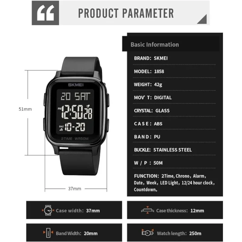 SKMEI 1858 ساعة رياضيه رقميه بسوار وقرص اسود داكن متعددة الوظائف مع منبه وساة ايقاف ساعات رياضيه للجنسين