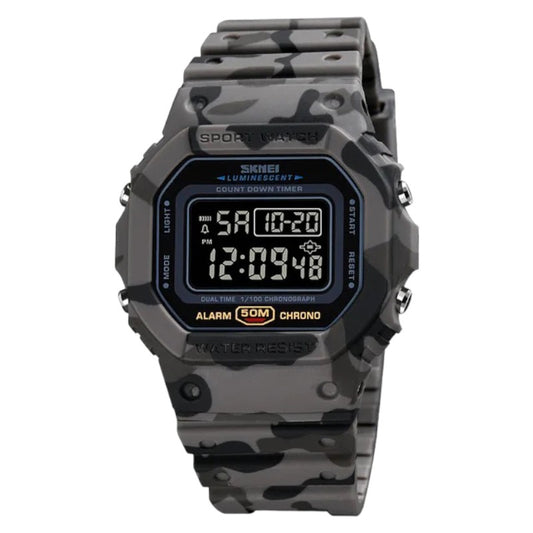 SKMEI 1628 gray Luxury Retro Black Dial Military Sports Watches for Men Multifunctional Countdown Digital Clock Waterproof Wristwatches- Army Gray Camouflag