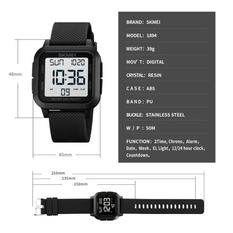 SKMEI 1894 unisex digital sports digital watch with a dark dial, Full Black