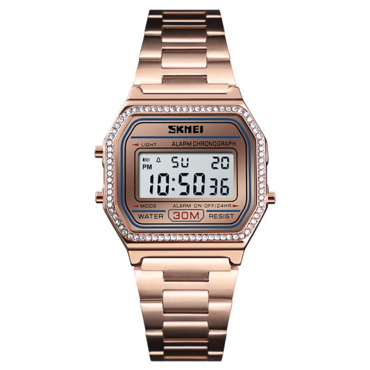 SKMEI 1474 lady Luxury watch fashion waterproof Digital steel Watches - Rose Gold Encrusted with crystal‏