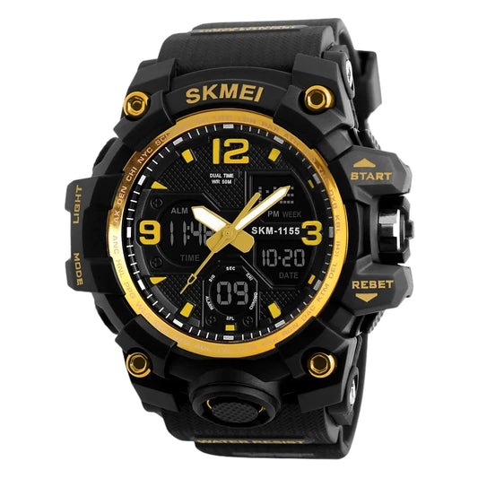 ساعة SKMEI 1155 الرياضية التناظرية الرقمية متعددة الوظائف باللون الذهبي الأسود، ساعة منبه وساعة إيقاف، تقويم كامل، عرض اليوم والتاريخ